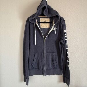 Y2K Hollister Mens Large Full Zip‎ Hoodie Navy Spellout Graphic Puff Preppy